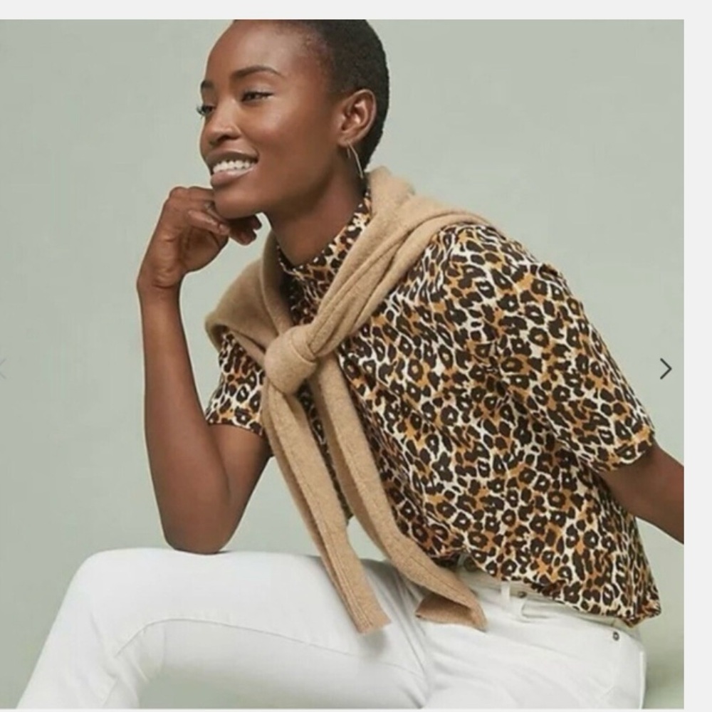 Anthropologie Brown Leopard Print Mock-Neck Short-sleeve Sweater Top
